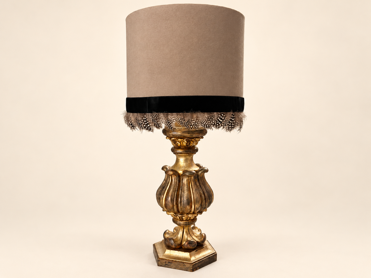 Taupe Alcantara feather lampshade shown on a vintage brass lamp base; base sold separately