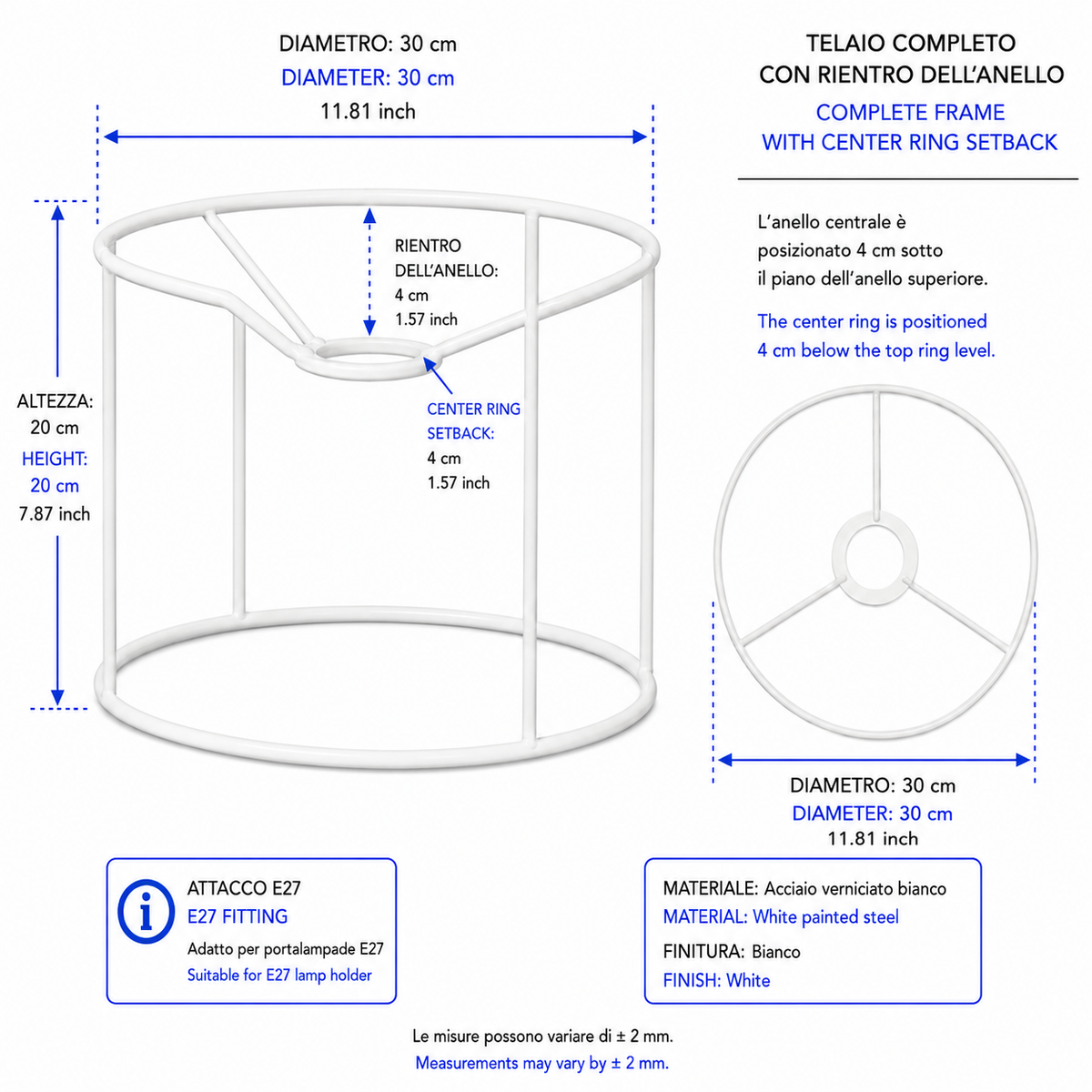 White metal lampshade frame 30 × 20 cm