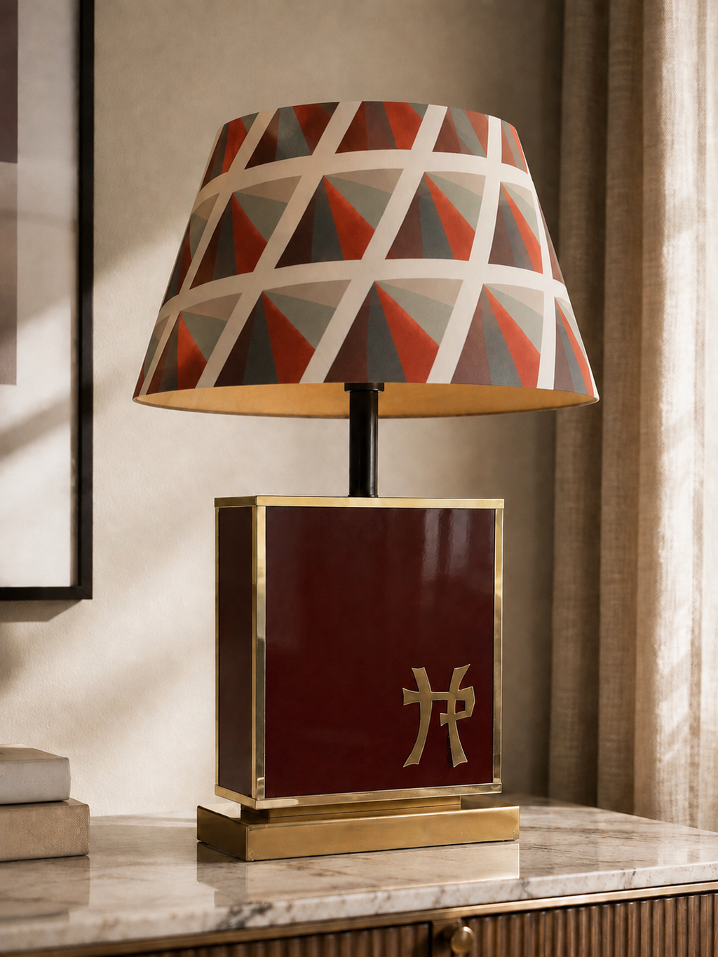 Geometric Red Lacquered and Brass-Finished Table Lamp, Possibly Attributed to Jean-Claude Mahey – product image 2