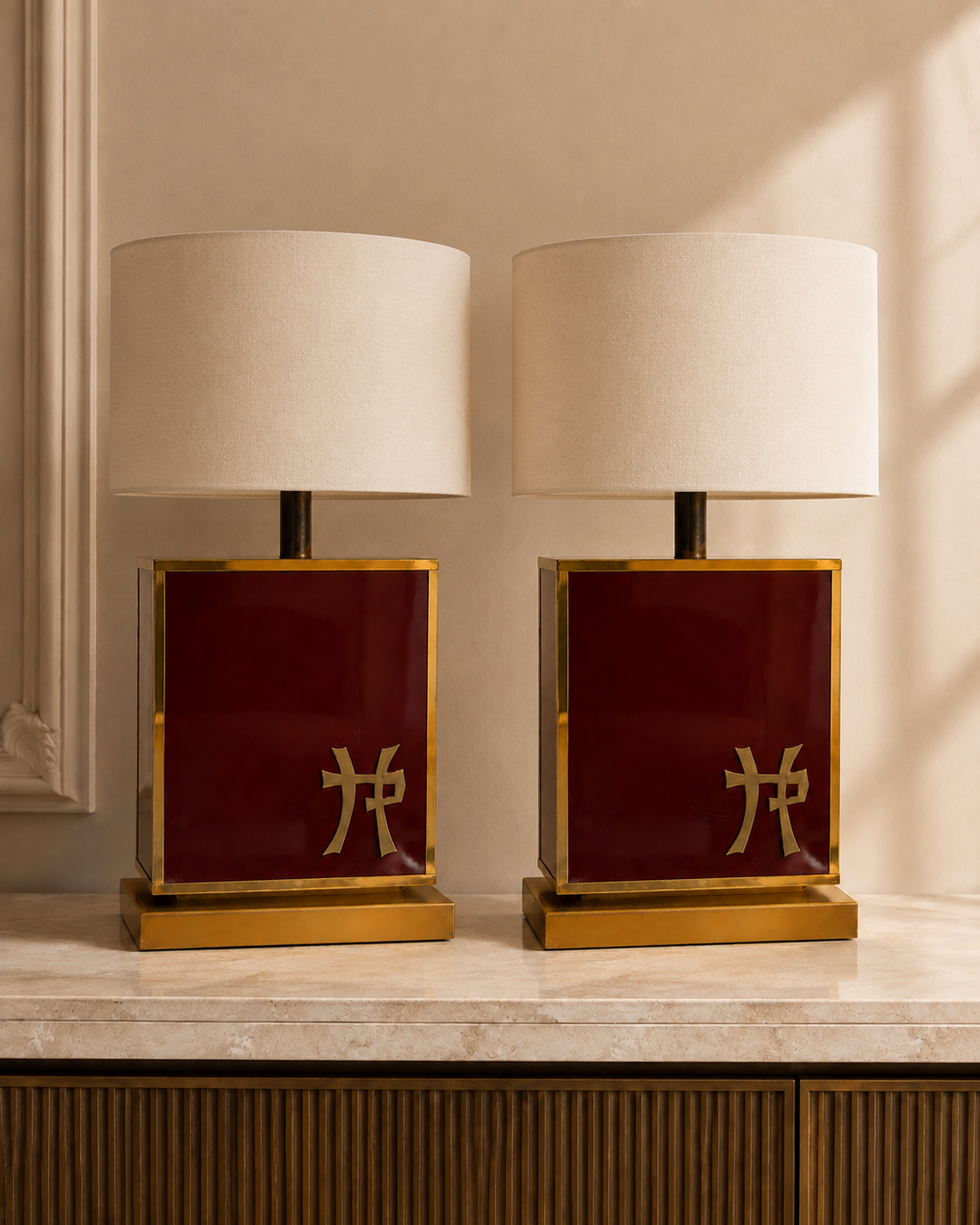 Pair of Geometric Red Lacquered and Brass-Finished Table Lamps, Possibly Attributed to Jean-Claude Mahey – product image 1