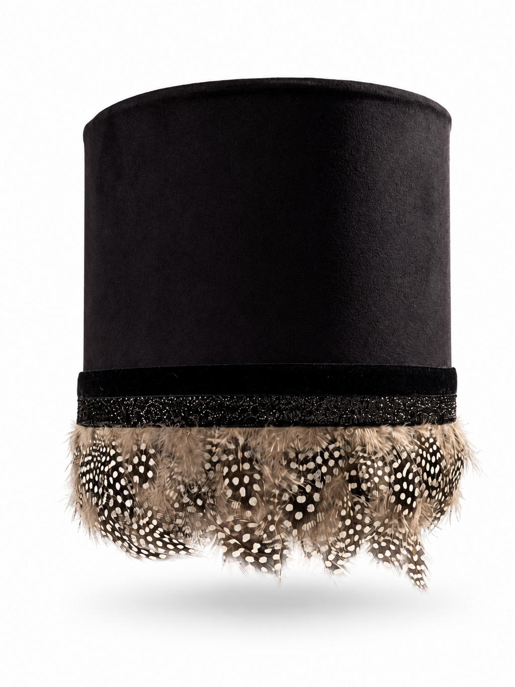Black Alcantara lampshade with guinea fowl feathers and velvet trim, shade only