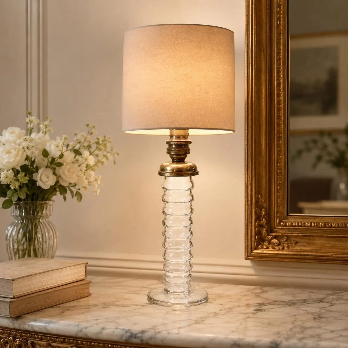 Signed Baccarat crystal table lamp styled with a cream shade; shade not included