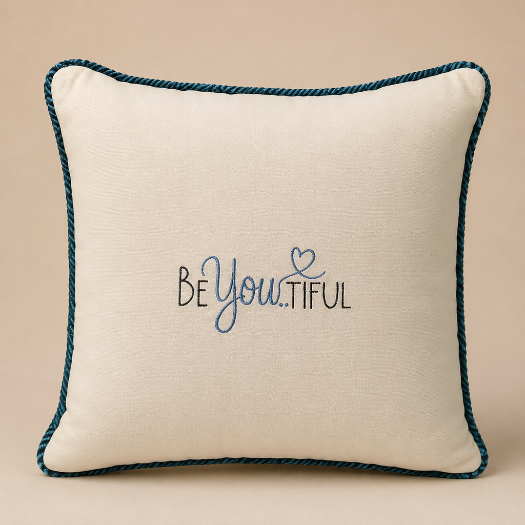 Ivory 50 × 50 cm embroidered cushion with Be You..tiful message and deep teal cord piping