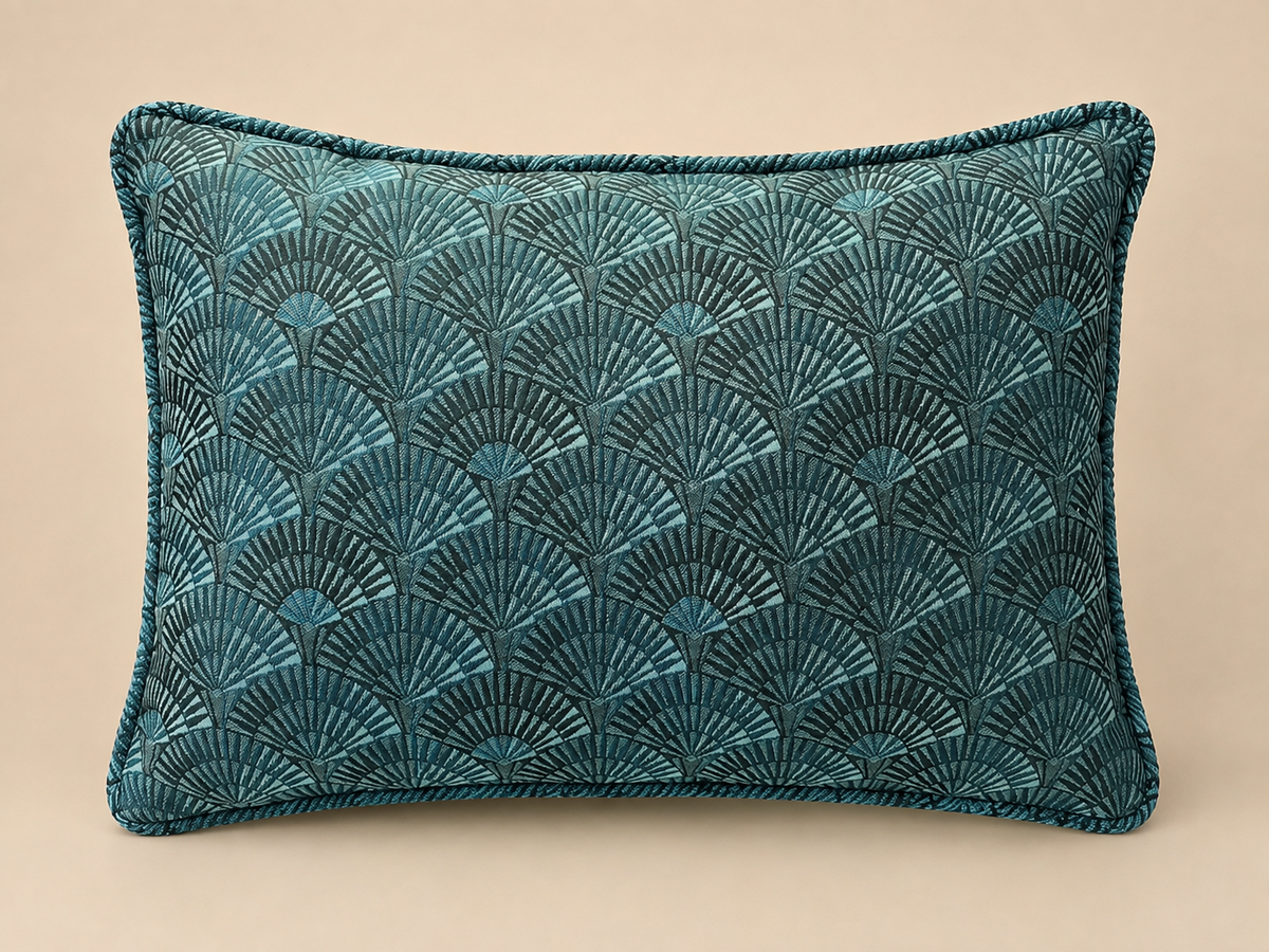 Reverse of 40 × 58 cm cushion in deep teal geometric fan-patterned silk damask