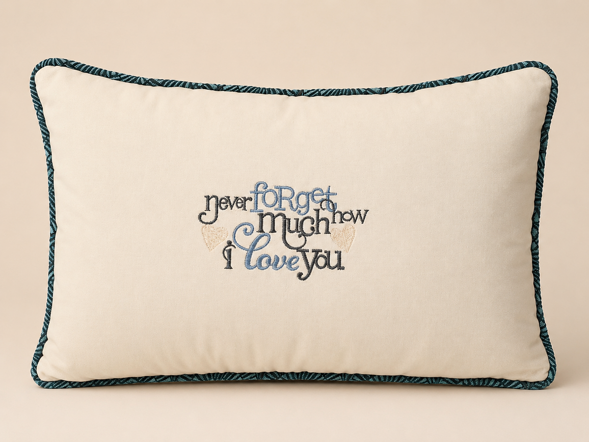 Reverse of 50 × 50 cm cushion in deep teal geometric fan-patterned silk damask