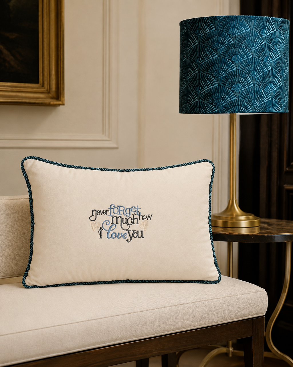 40 x 58 cm ivory embroidered cushion with matching deep teal fan-pattern lampshade