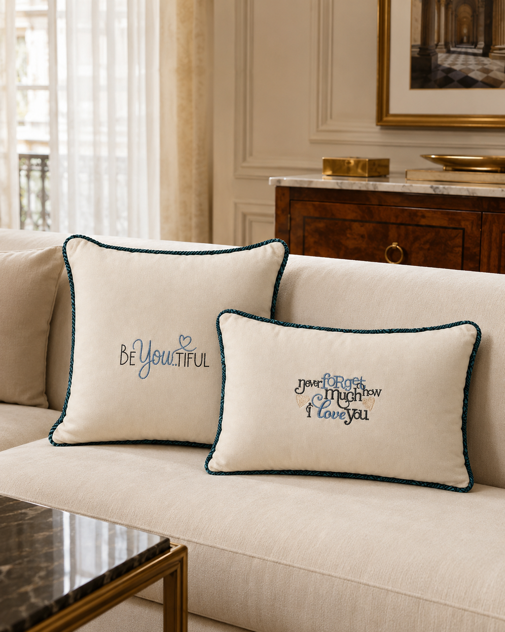 Deep teal and ivory embroidered cushions styled on an elegant sofa