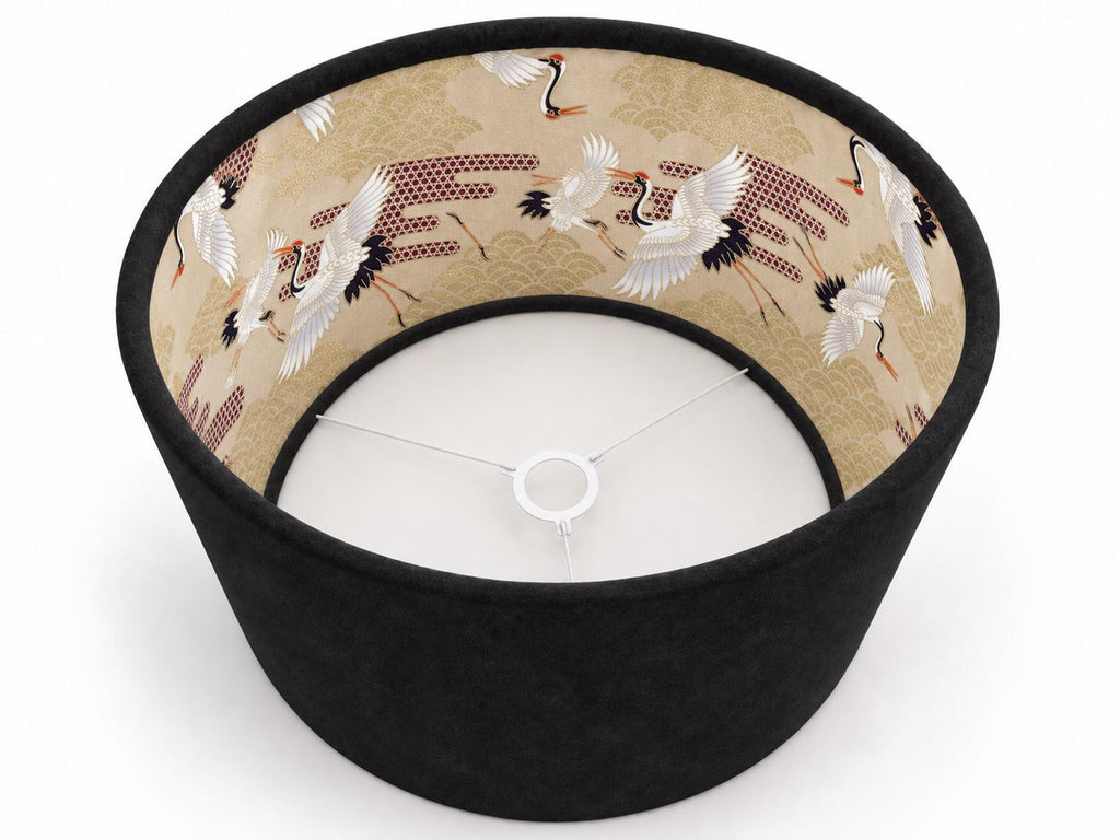 Double-Sided Black Alcantara & Japanese Crane Cotton Lampshade | 3 Shapes | Handmade in Italy