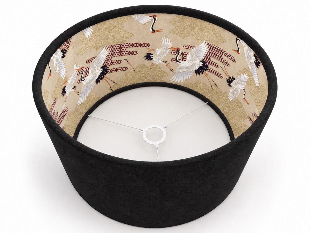 Double-Sided Black Alcantara & Japanese Crane Cotton Lampshade | 3 Shapes | Handmade in Italy