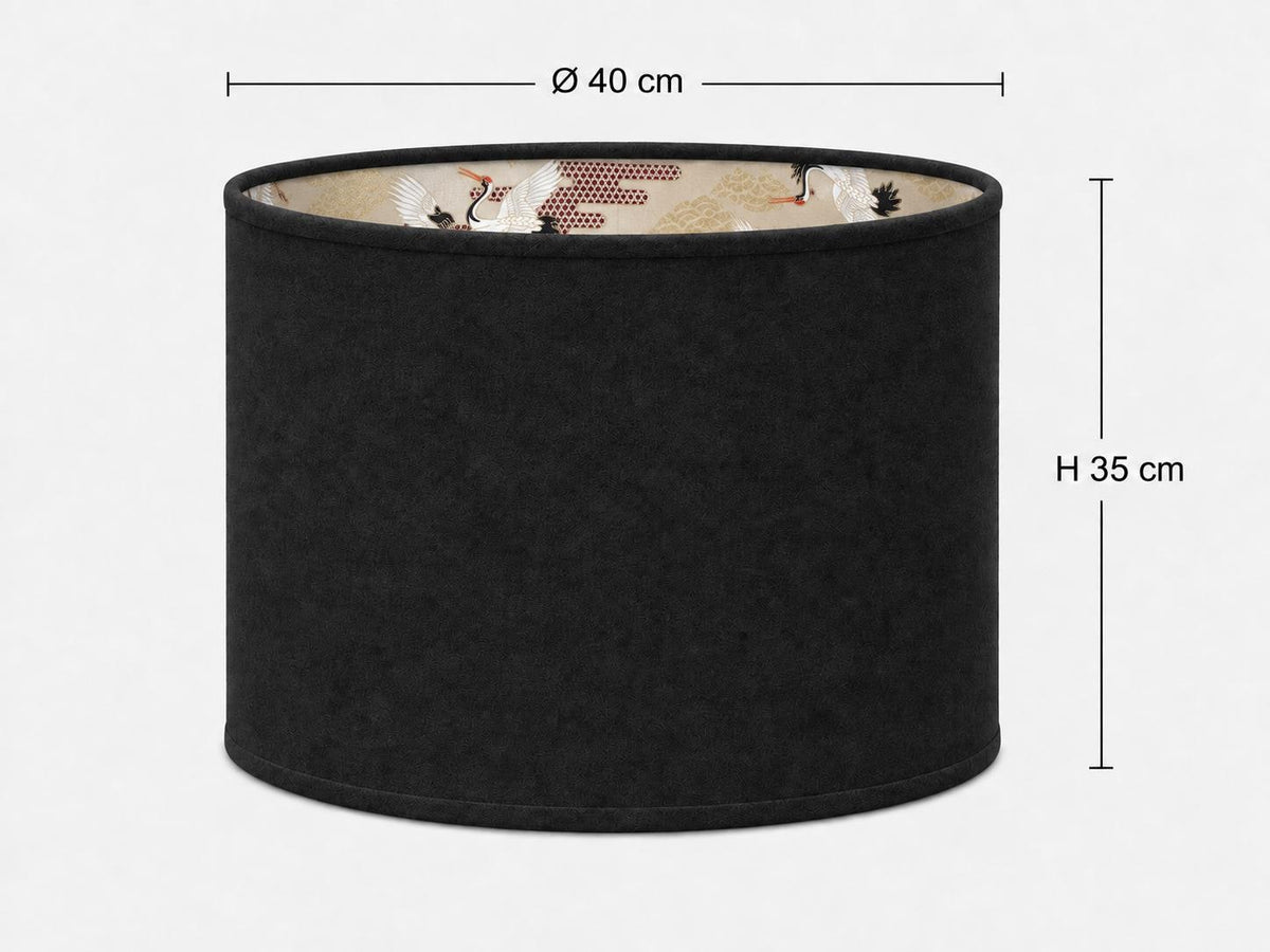 Double-Sided Black Alcantara & Japanese Crane Cotton Lampshade | 3 Shapes | Handmade in Italy