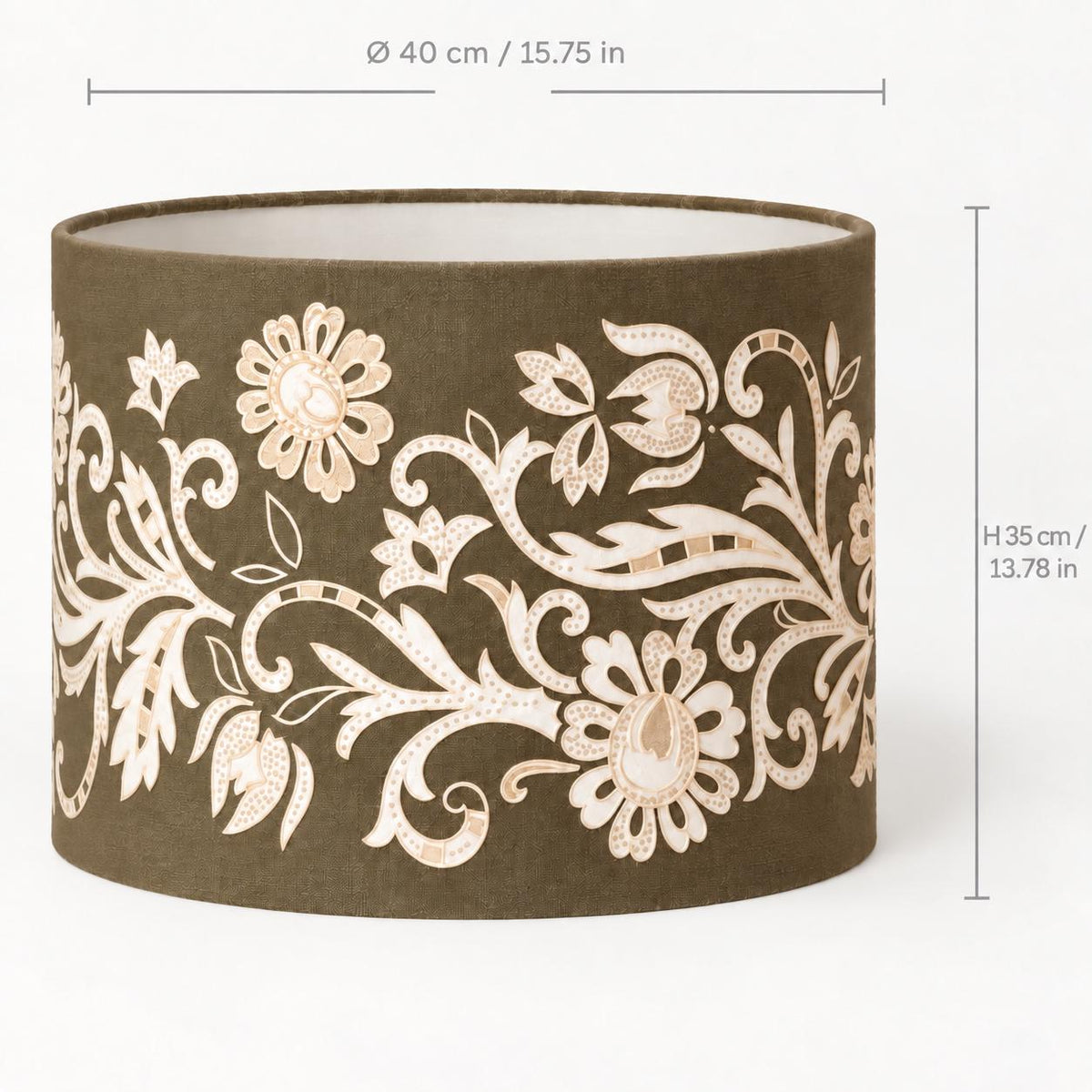 Embroidered Denim Lampshade | White & Cream Embroidery | 40 × 35 cm | Handmade in Italy — product image 2