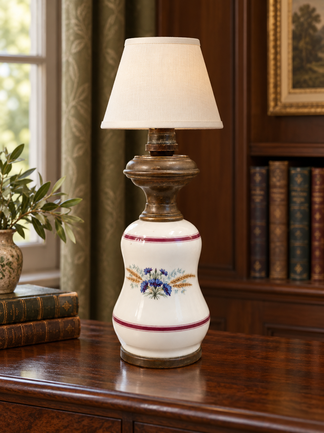 Blue floral vintage porcelain lamp with a small styling lampshade; shade not included
