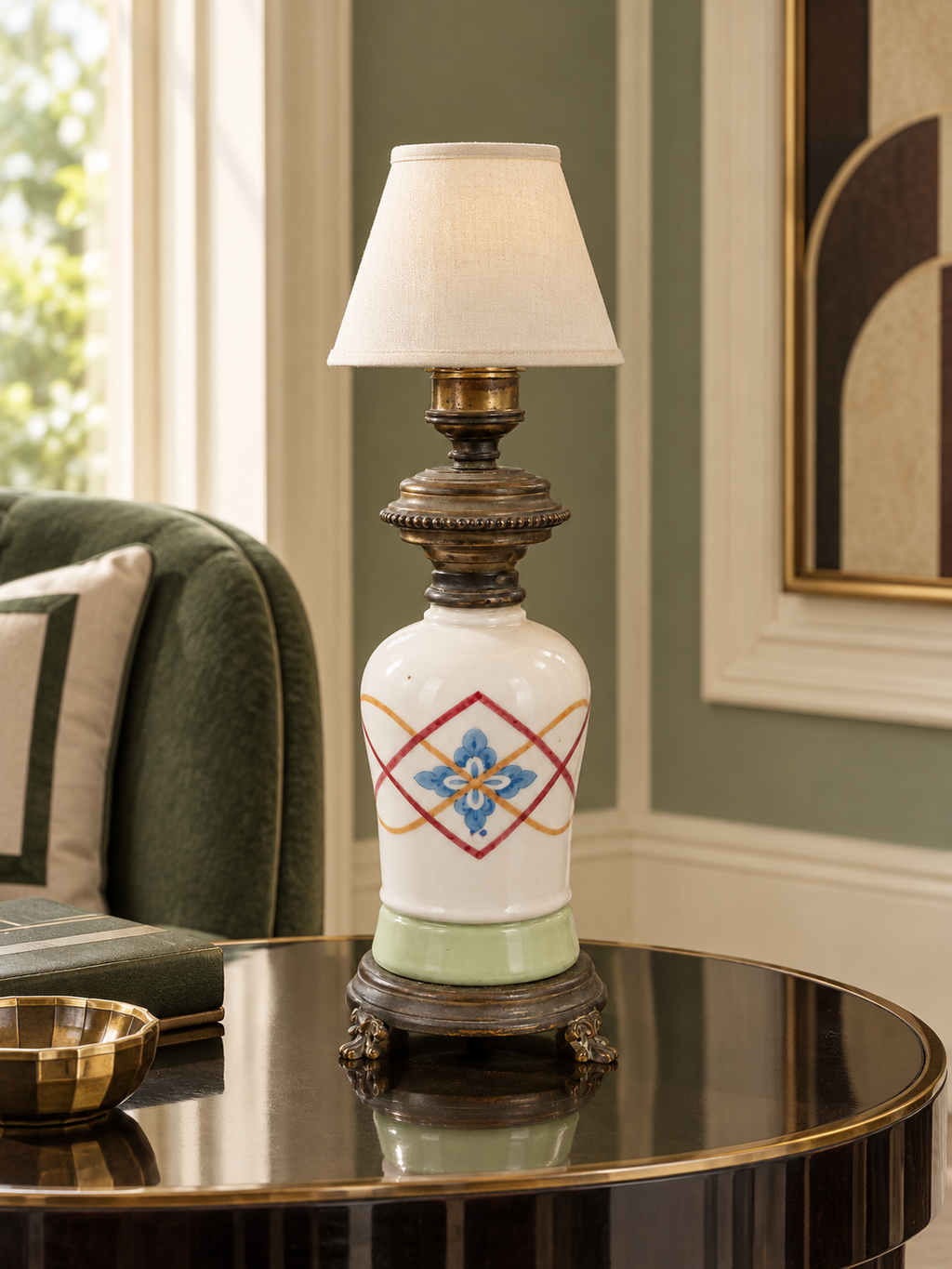 Geometric vintage porcelain lamp with a small styling lampshade; shade not included