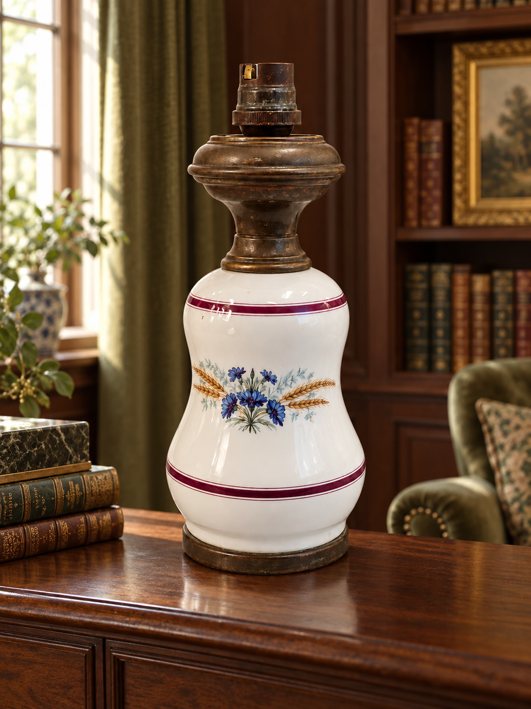 Blue floral vintage porcelain lamp in an interior; lampshade not included