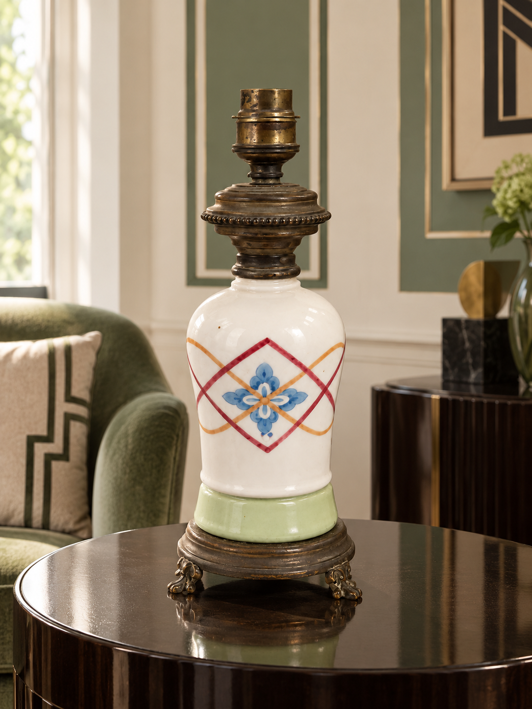 Geometric vintage porcelain lamp in an interior; lampshade not included
