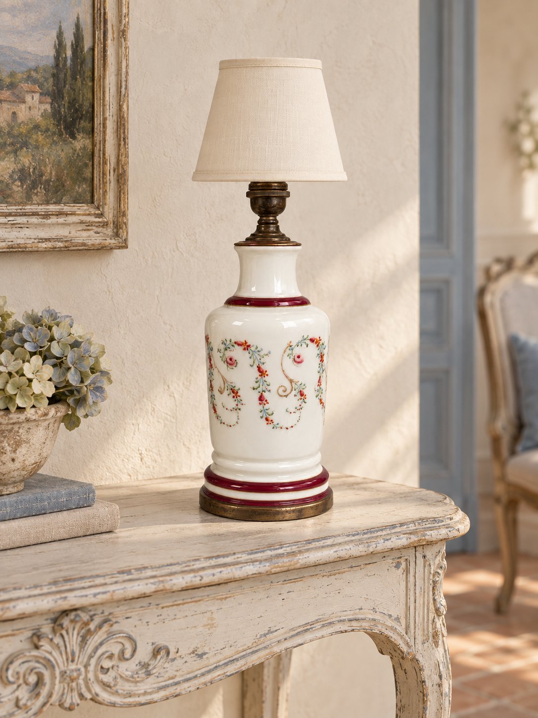 Floral garland vintage porcelain lamp with a small styling lampshade; shade not included