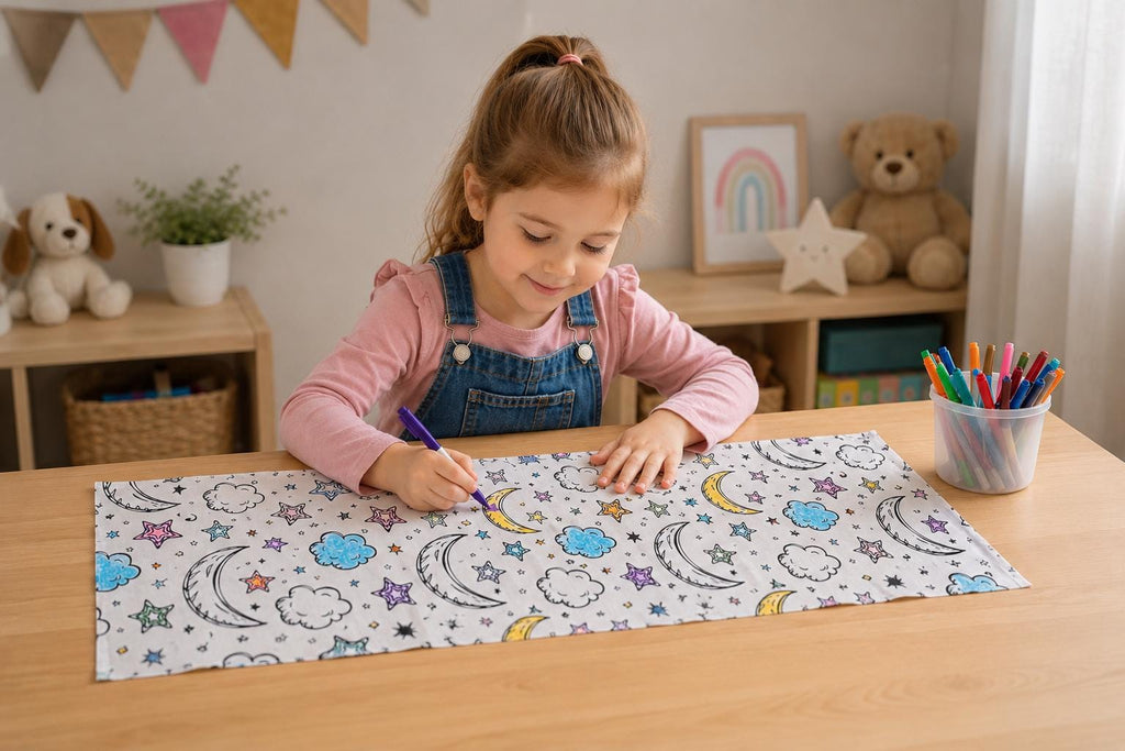 Child colouring pre-cut lampshade fabric with colouring pens