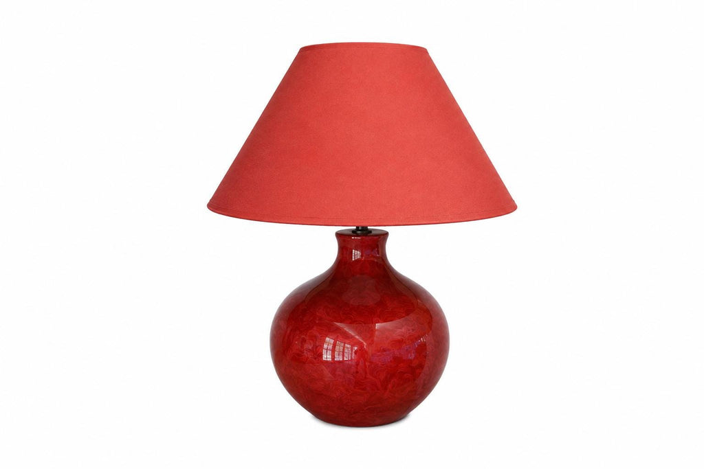 Vintage Kostka red glazed ceramic table lamp with coral-red fabric shade