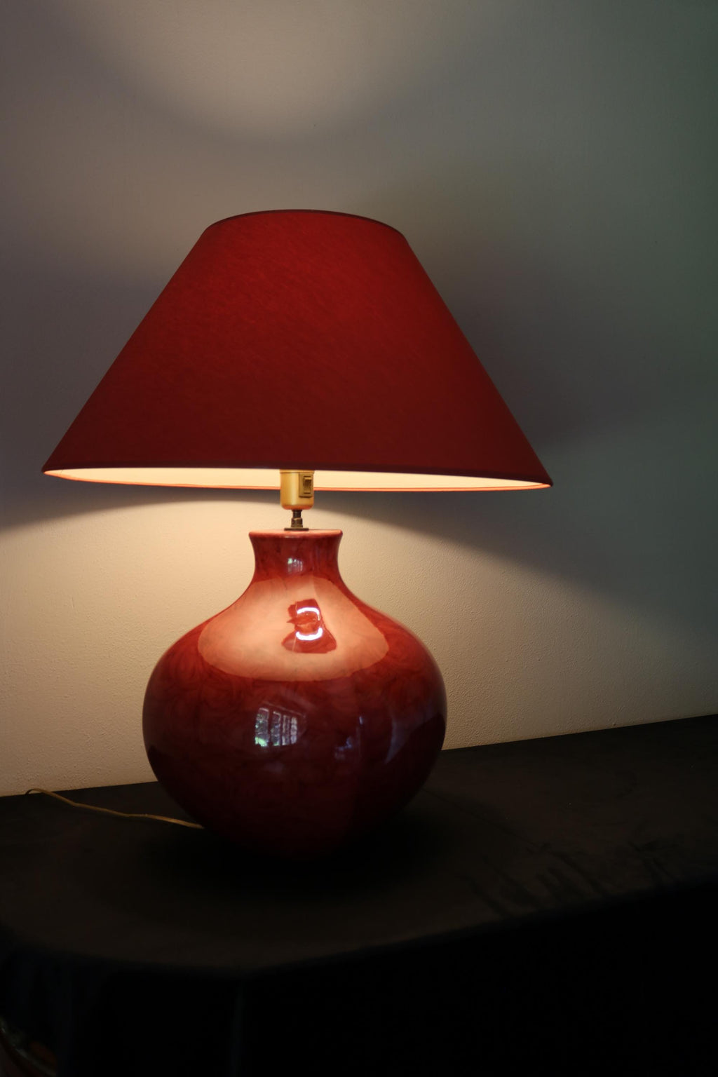 Vintage Kostka red glazed ceramic table lamp with coral-red fabric shade