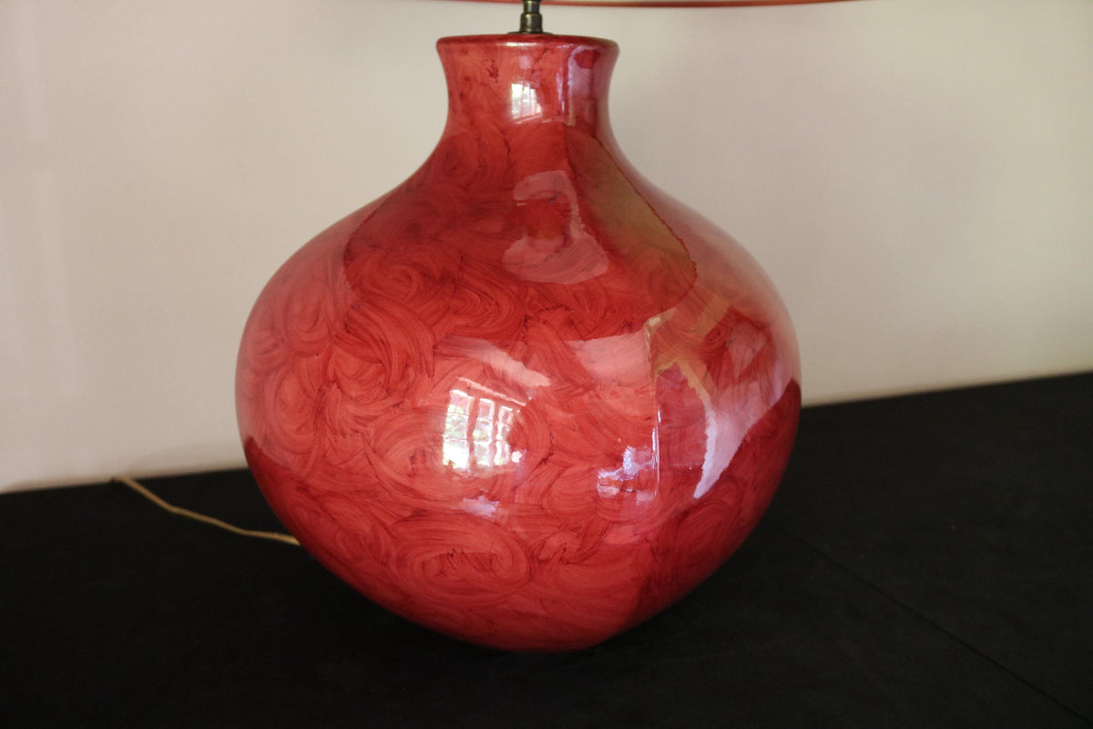 Vintage Kostka red glazed ceramic table lamp with coral-red fabric shade