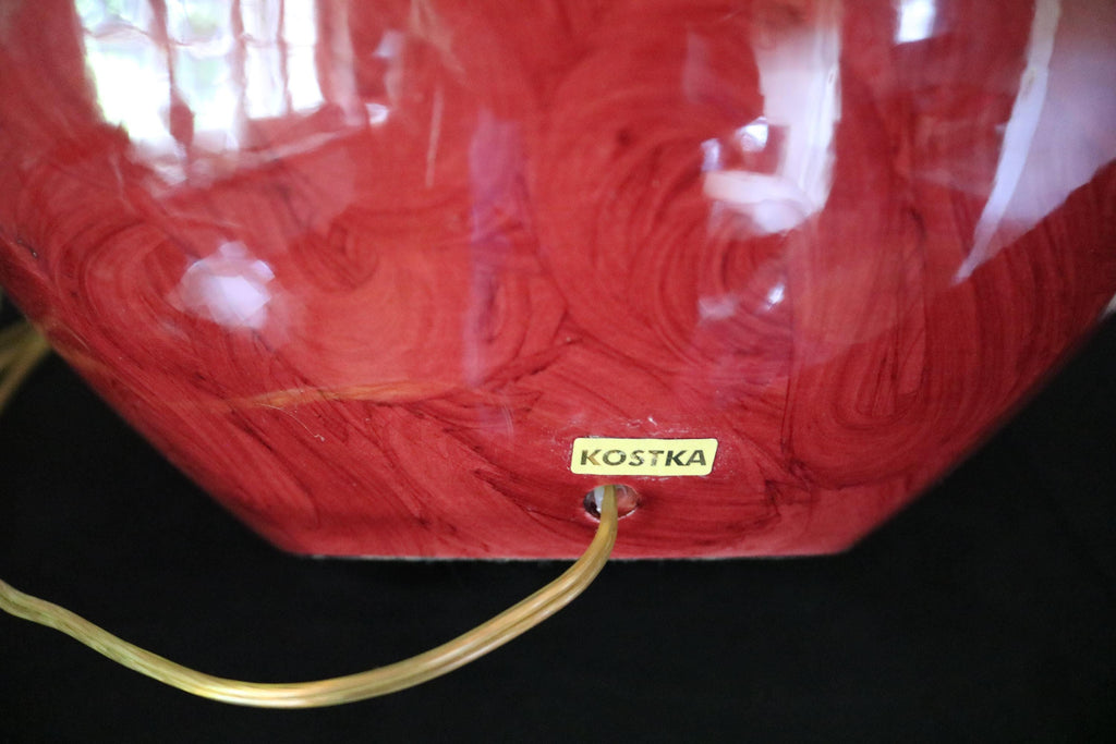 Vintage Kostka red glazed ceramic table lamp with coral-red fabric shade