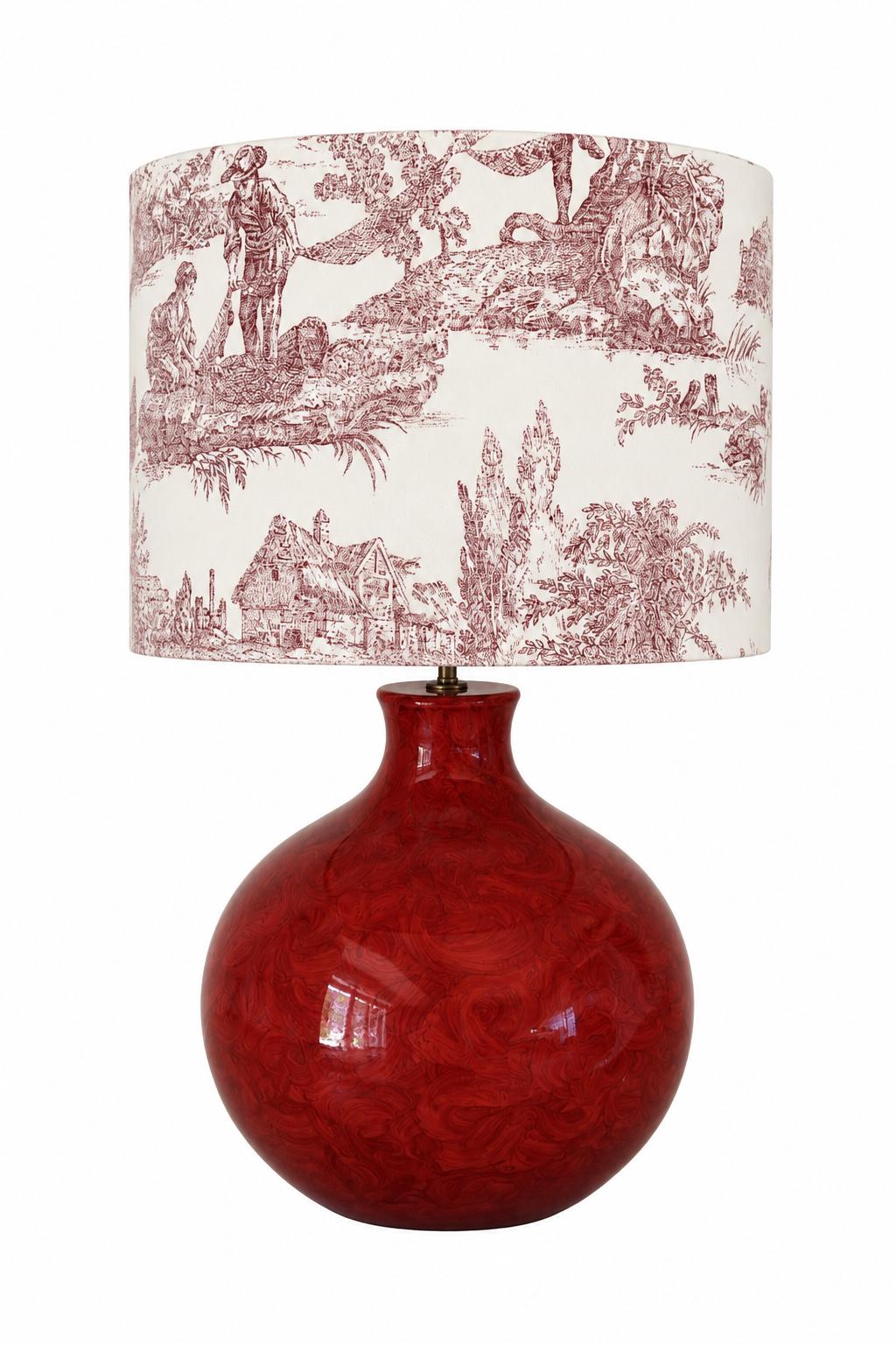 Vintage Kostka red glazed ceramic table lamp with coral-red fabric shade