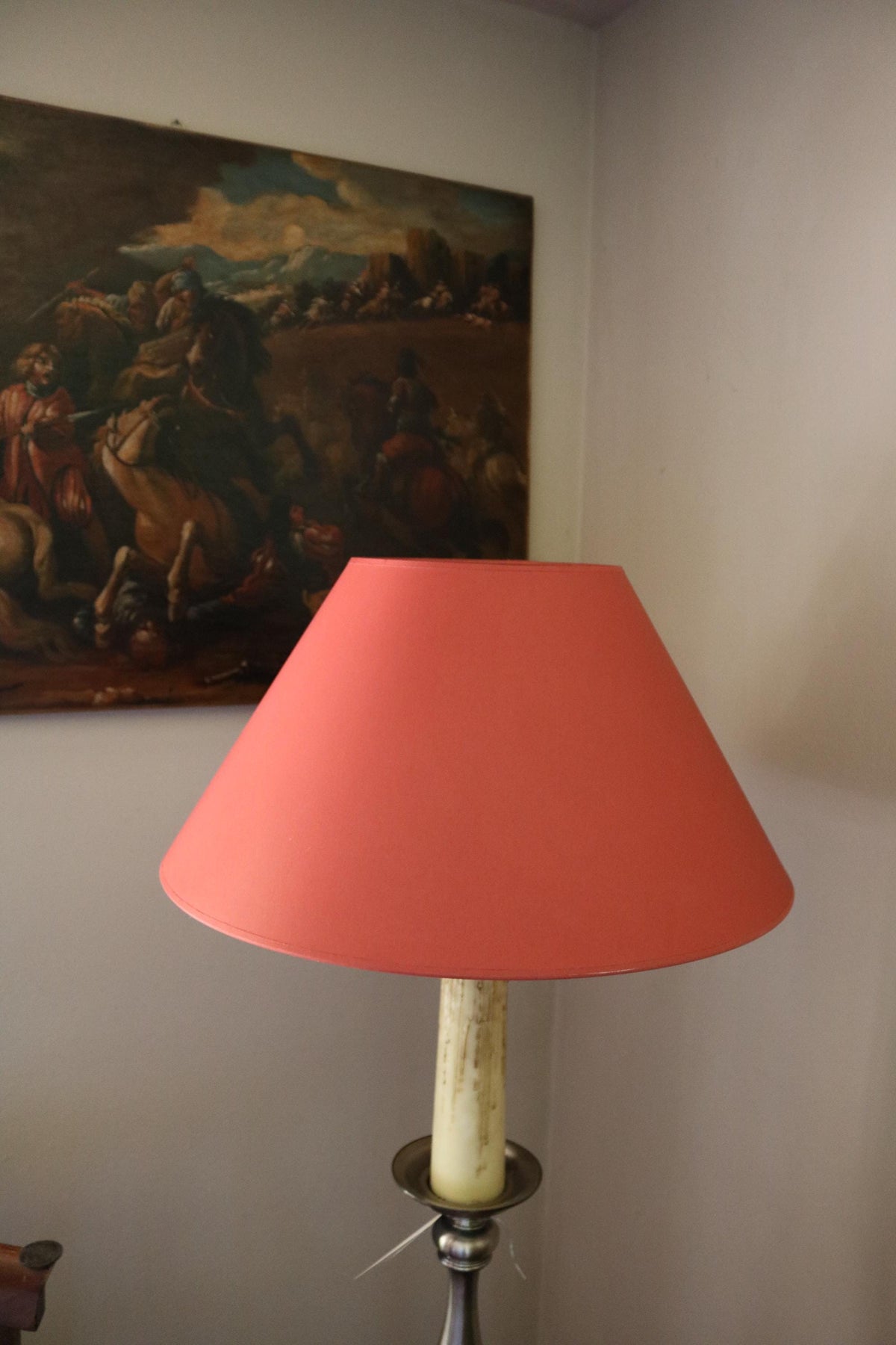 Vintage Kostka red glazed ceramic table lamp with coral-red fabric shade
