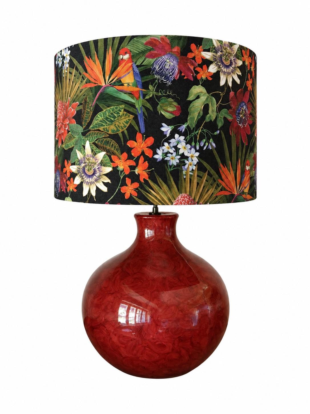 Vintage Kostka red glazed ceramic table lamp with coral-red fabric shade