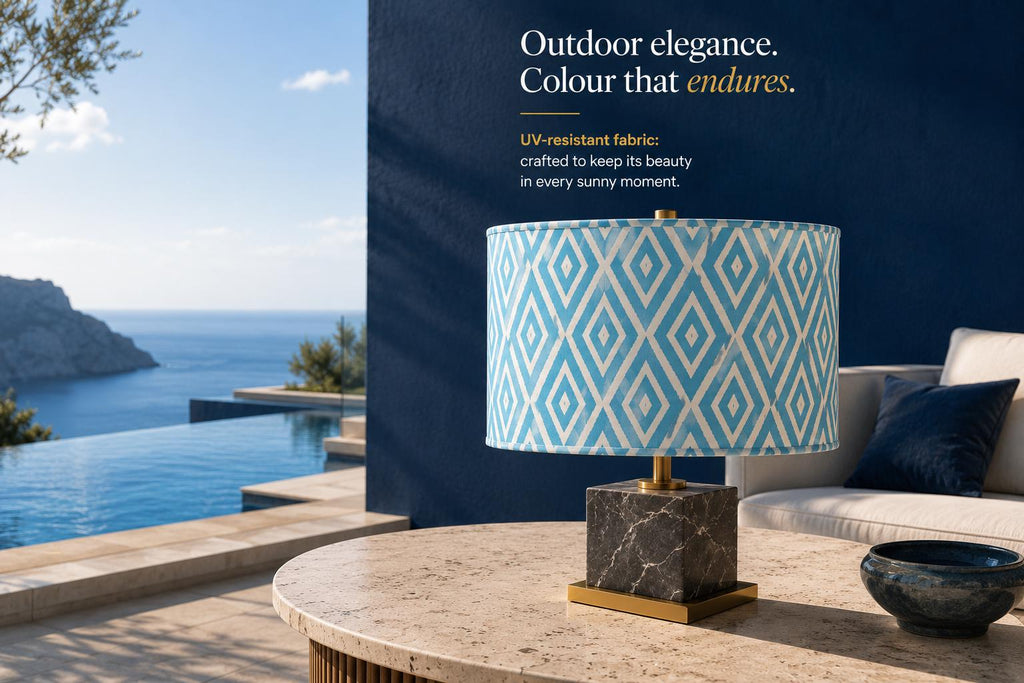Turquoise Geometric Drum Lampshade | UV-Resistant Fabric | Handmade in Italy – image 6