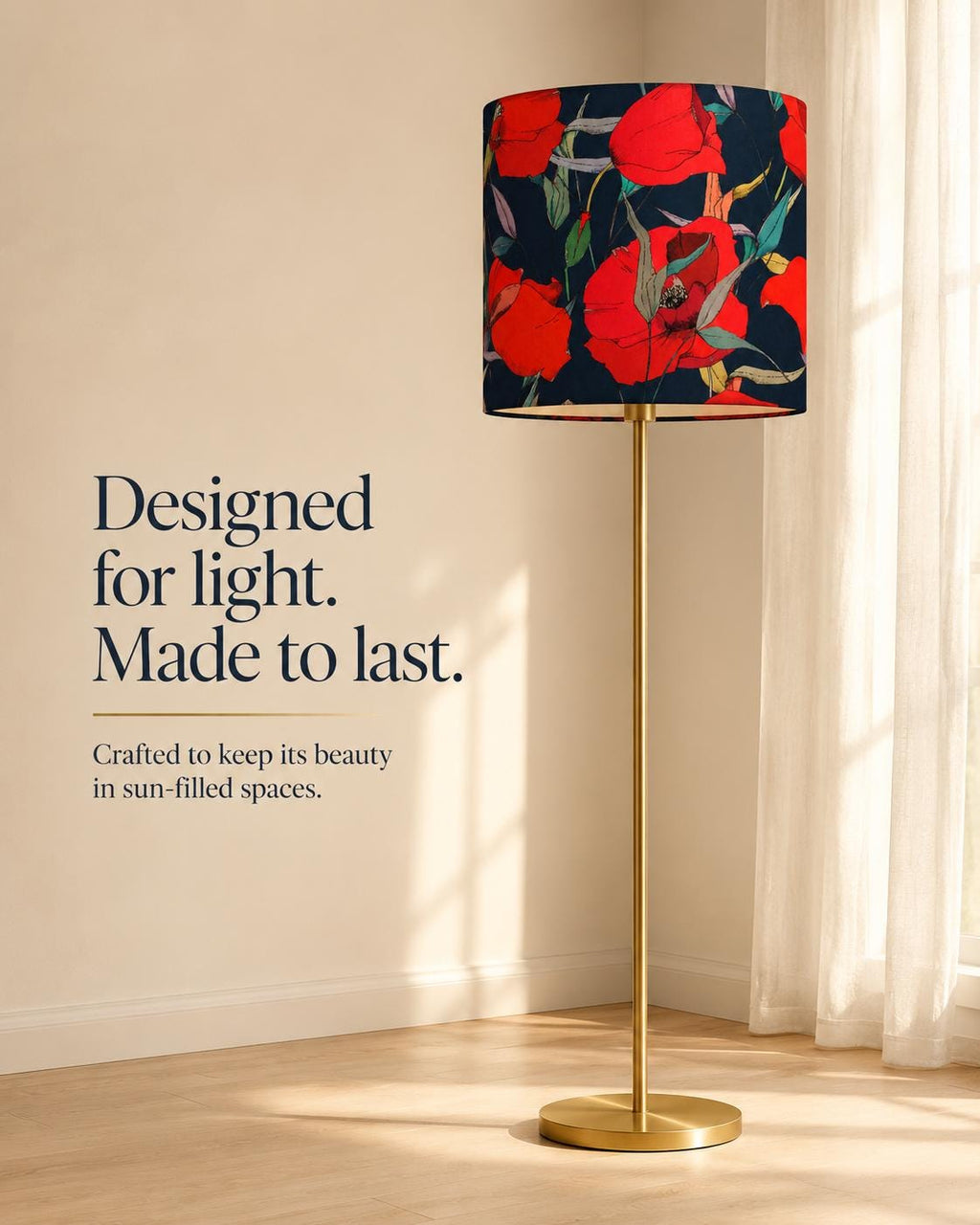 Navy blue and scarlet red poppy handmade lampshade styled interior view