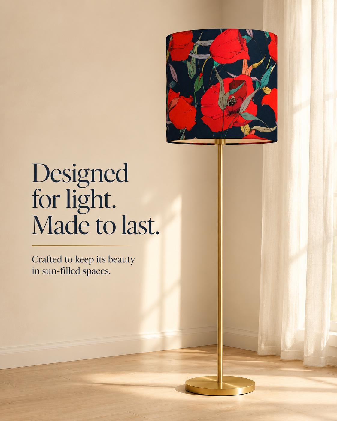 Navy blue and scarlet red poppy handmade lampshade styled interior view