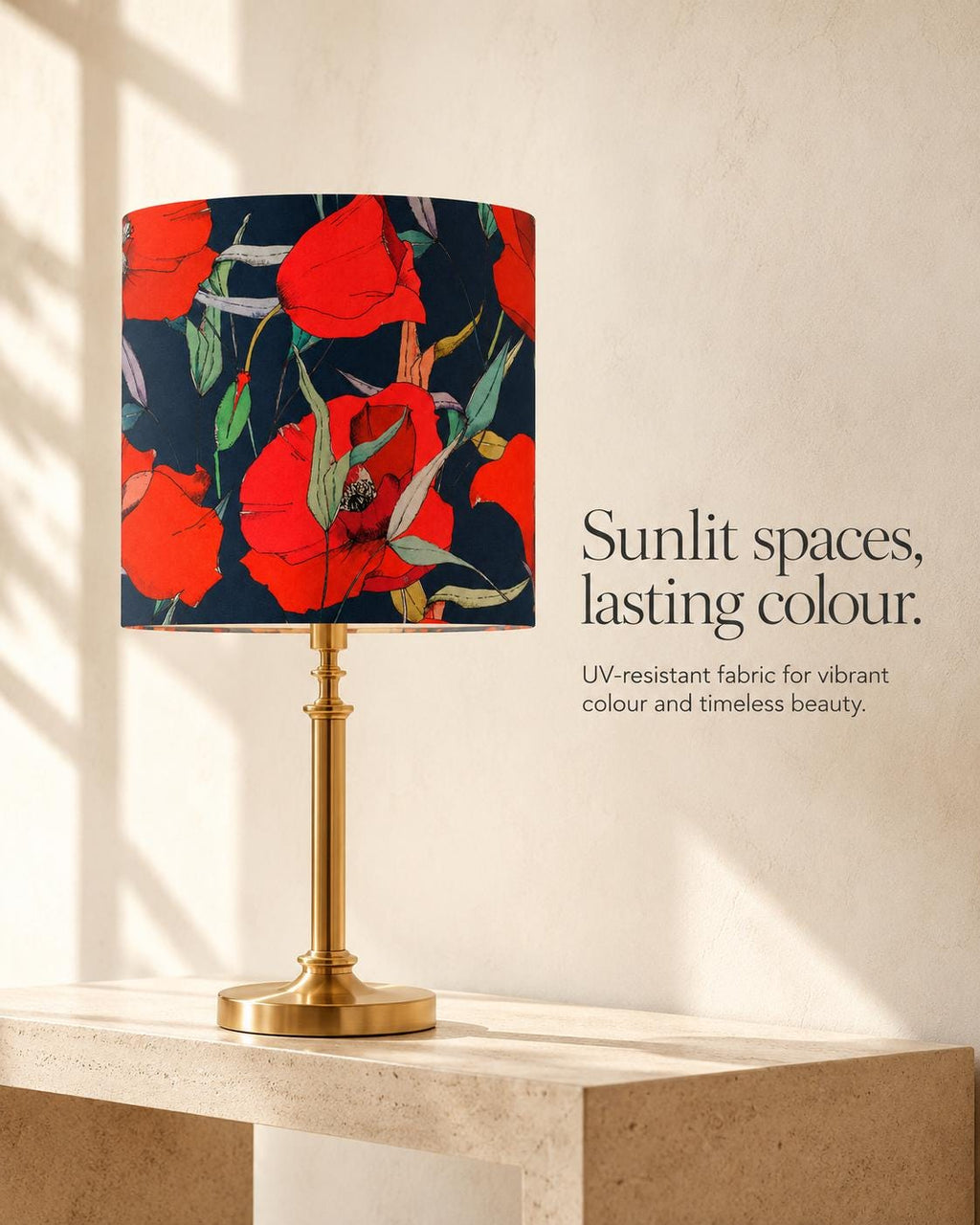 Navy blue and scarlet red poppy handmade lampshade styled interior view