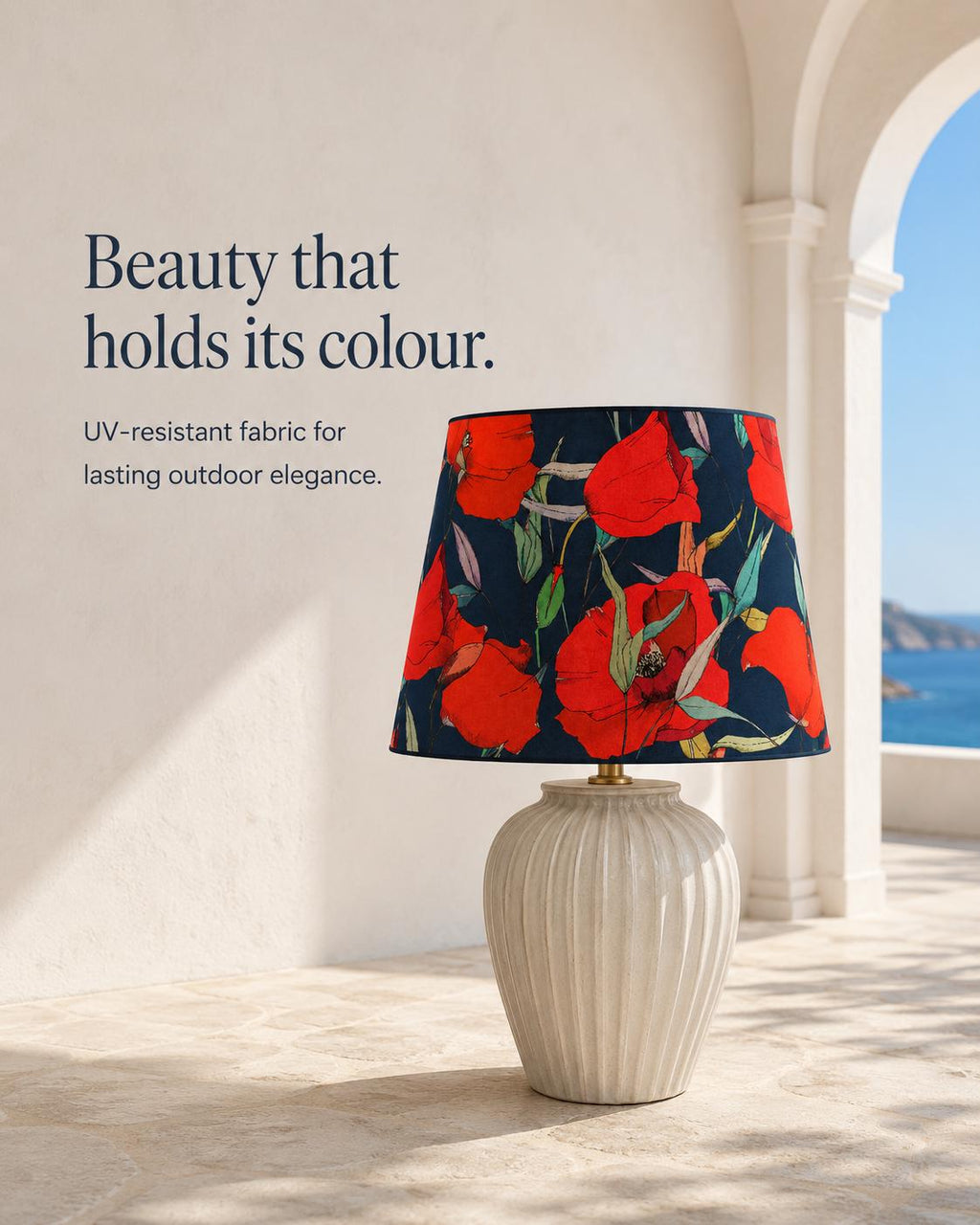 Navy blue and scarlet red poppy UV-resistant lampshade shape and size detail
