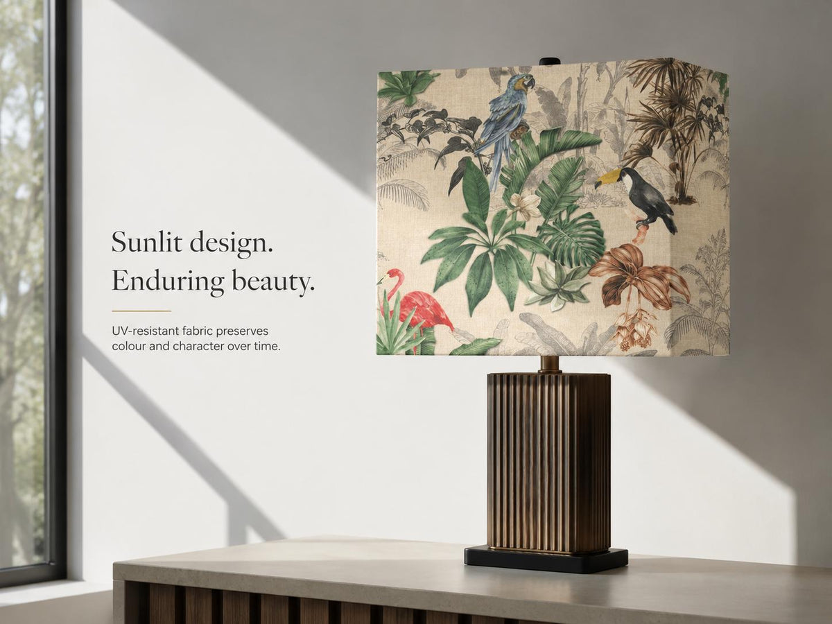 Tropical bird botanical handmade lampshade styled interior view