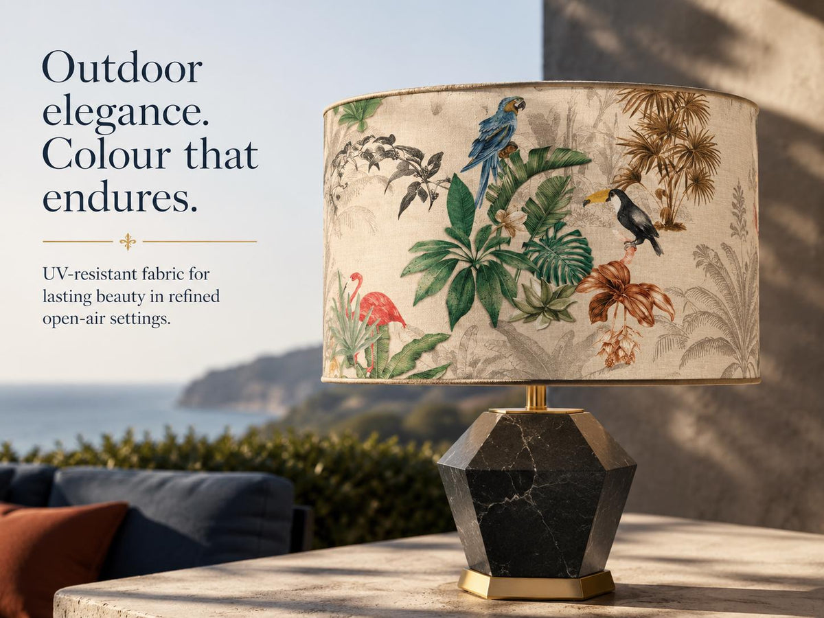Tropical bird botanical handmade lampshade styled interior view