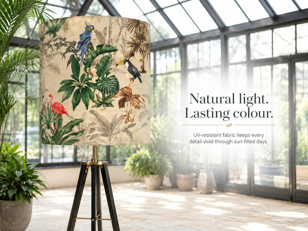 Tropical bird botanical handmade lampshade styled interior view