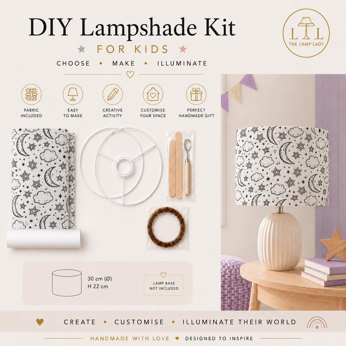 Kids colour-in DIY lampshade kit infographic showing a black-and-white fabric design, kit contents and finished lampshade