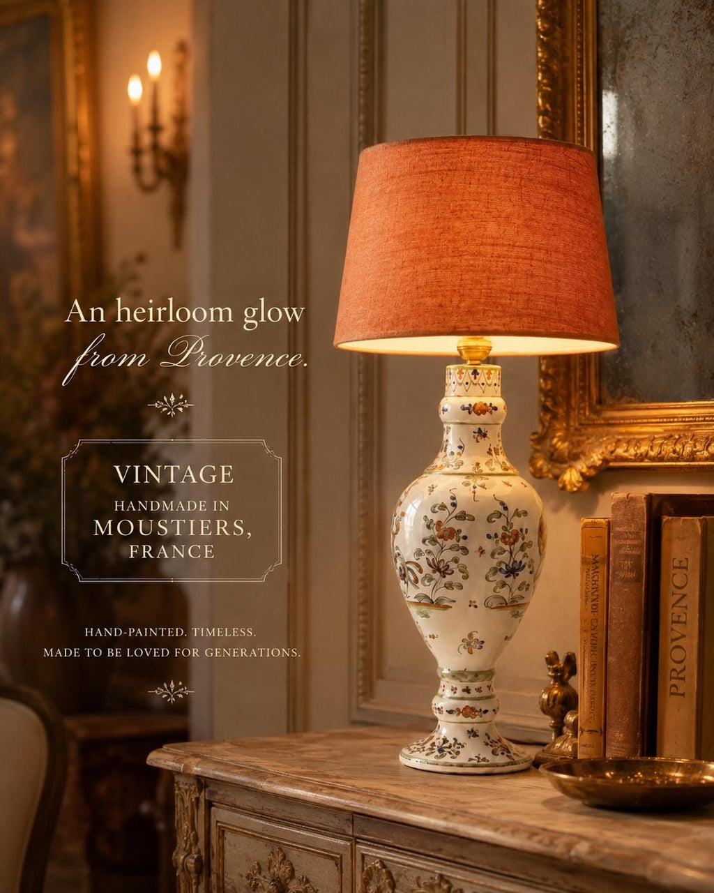 Vintage French Moustiers faience table lamp styled with a natural linen shade; shade not included