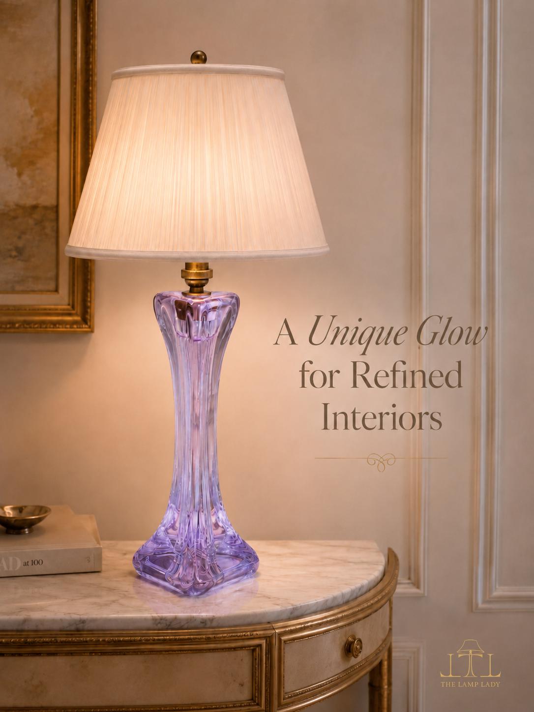 Signed Cristal de Sèvres neodymium glass table lamp with blue-lilac crystal