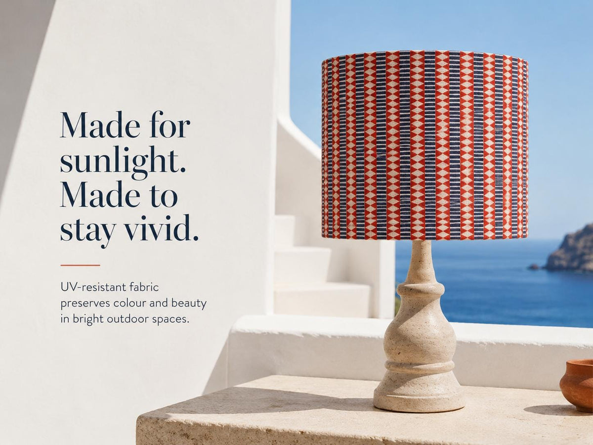 Red, navy and cream geometric stripe handmade lampshade styled interior view