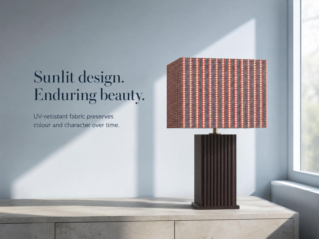 Red, navy and cream geometric stripe handmade lampshade styled interior view