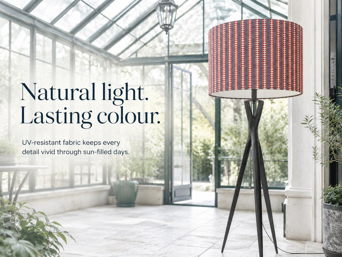 Red, navy and cream geometric stripe handmade lampshade styled interior view