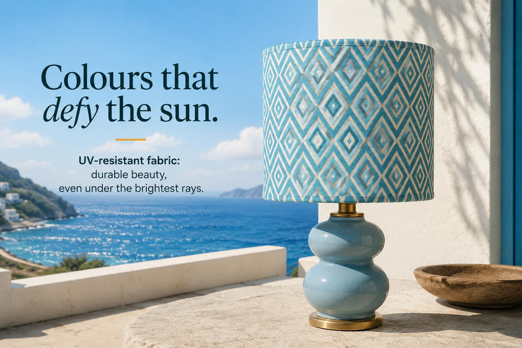 Turquoise Geometric Drum Lampshade | UV-Resistant Fabric | Handmade in Italy – image 3