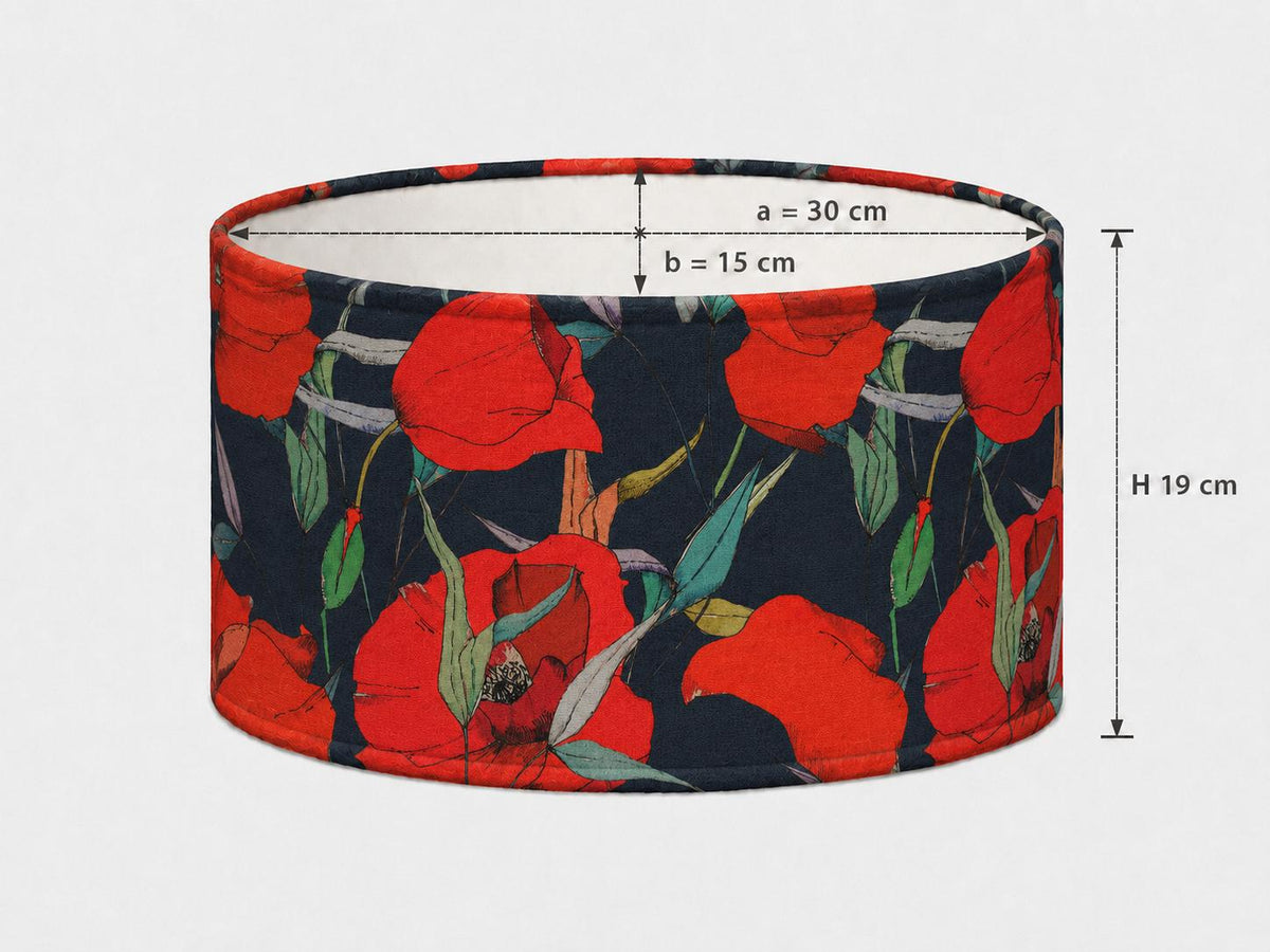 Navy blue and scarlet red poppy oval lampshade 30 x 15 x 19 cm