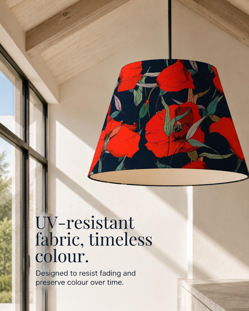 Navy blue and scarlet red poppy UV-resistant lampshade shape and size detail
