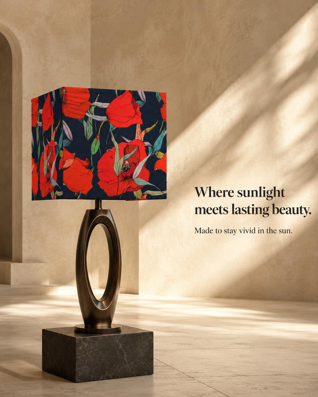 Navy blue and scarlet red poppy UV-resistant lampshade shape and size detail