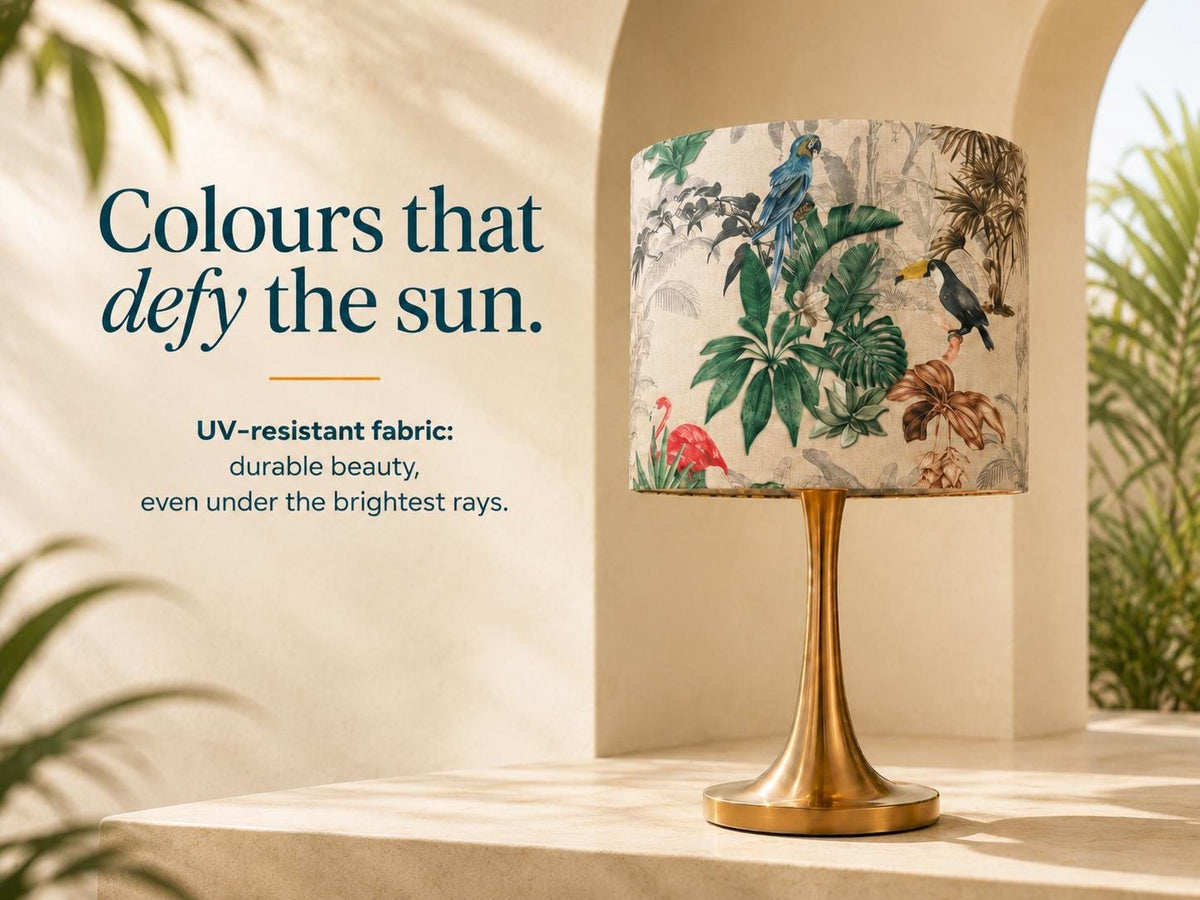 Tropical bird botanical handmade lampshade styled interior view
