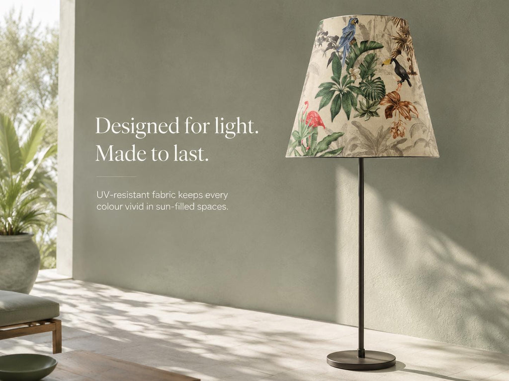 Tropical bird botanical handmade lampshade styled interior view