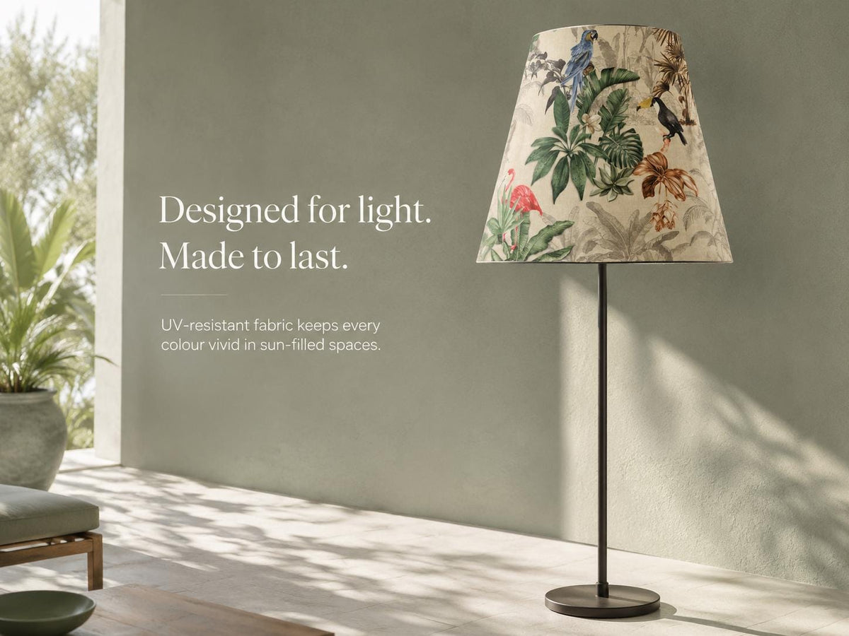 Tropical bird botanical handmade lampshade styled interior view