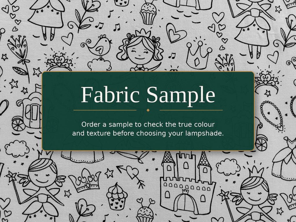 Black-and-white colour-in fabric sample with playful motifs for the Kids DIY Lampshade Kit